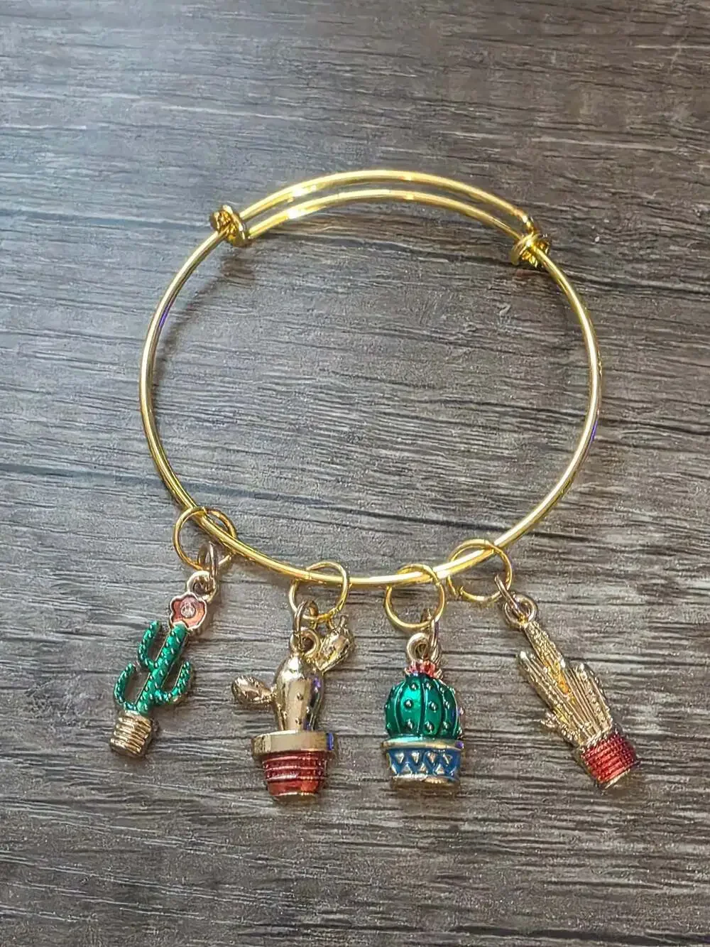 Gold-Tone Expandable Bangle Bracelet with Four Cactus Charms